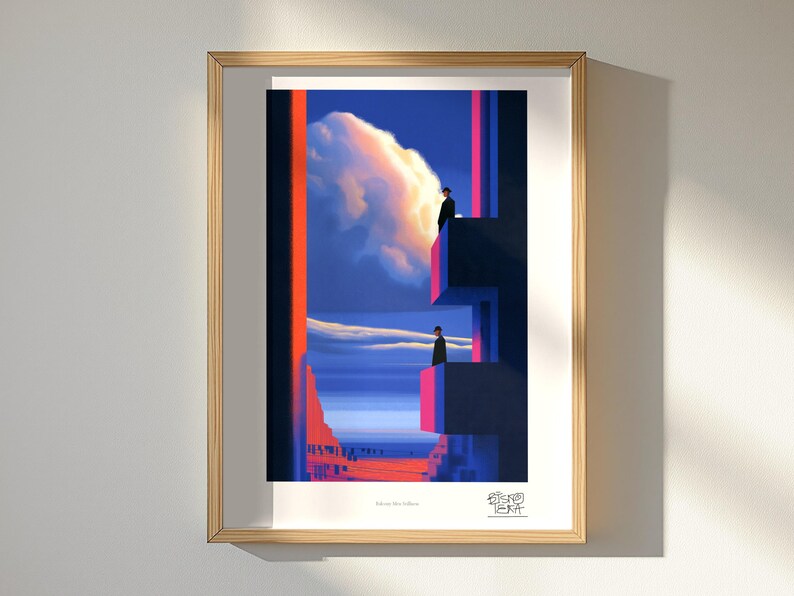 Balcony Men Stillness art print, framed, in a second room setting