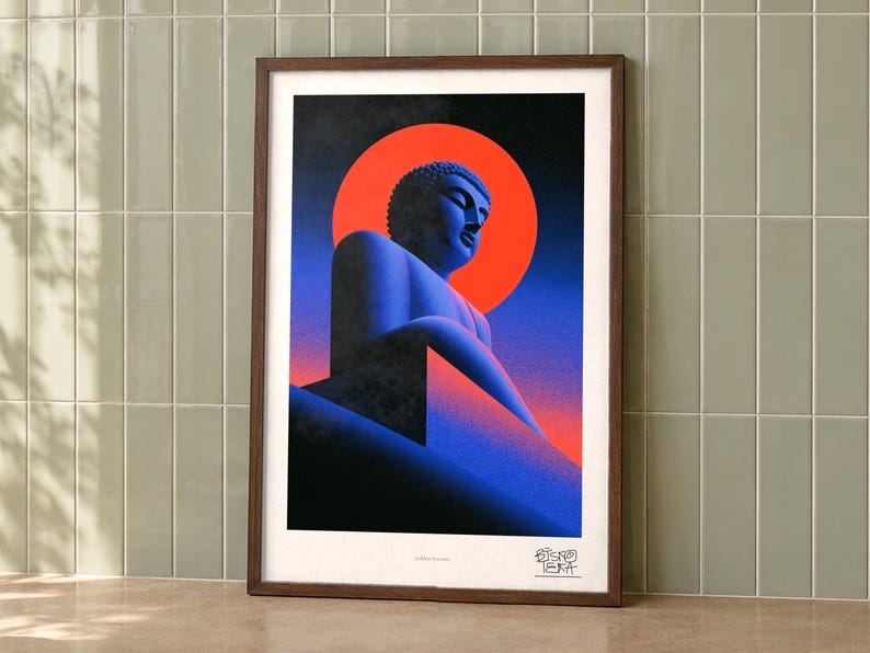 Golden Serenity art print on a wall, room view
