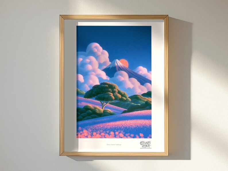 Snowy Sunrise Landscape art print, framed, in a second room setting