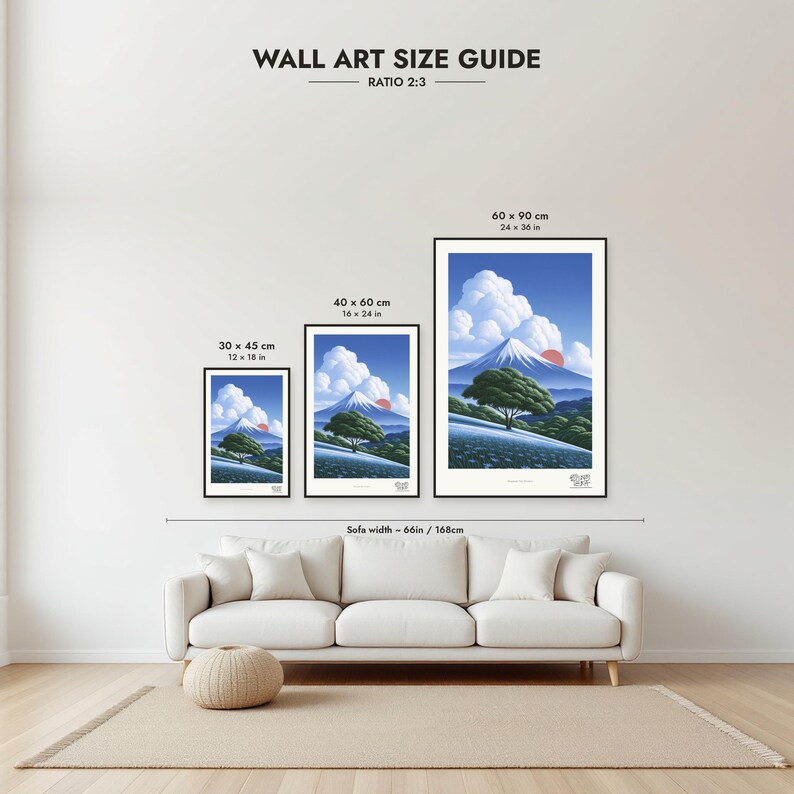 Size guide: 30×45, 40×60 and 60×90 cm to scale above a sofa