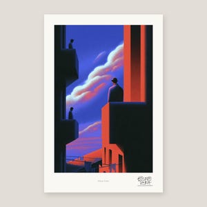 Bowler Hat Men Art Print, Balcony Echoes Surreal Crimson Dusk, Living Room Wall Art imagen 6