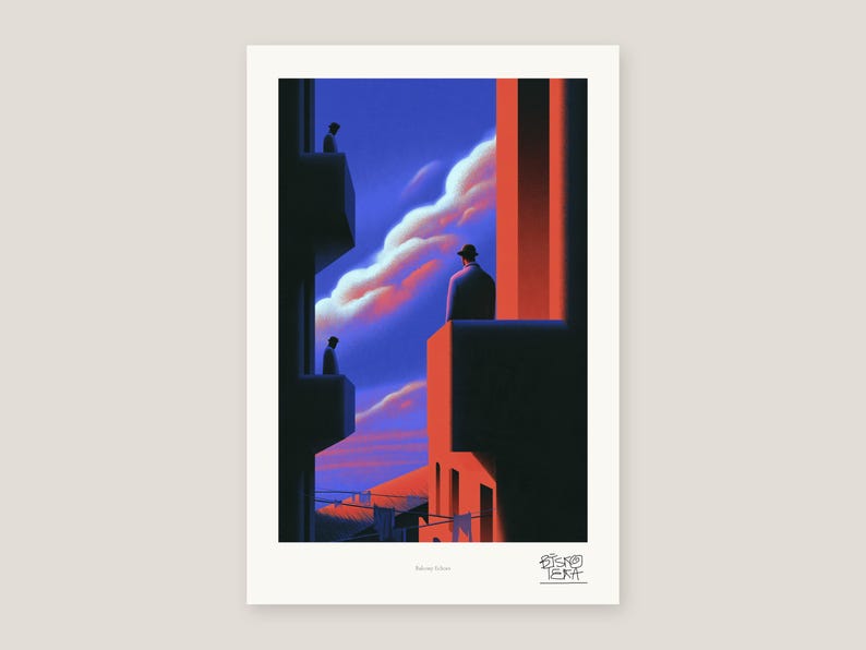 Bowler Hat Men Art Print, Balcony Echoes Surreal Crimson Dusk, Living Room Wall Art imagen 6