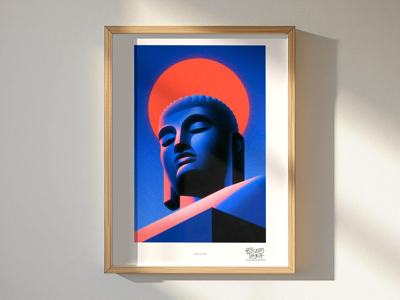Calm Buddha art print, framed, in a second room setting