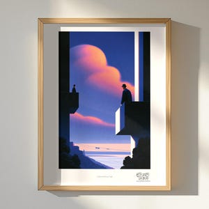 Bowler Hat Men Art Print, Balcony Vigil Golden Dusk Surreal, Office Wall Art