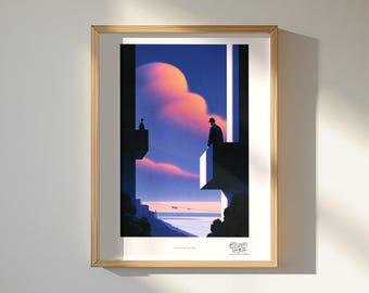 Bowler Hat Men Art Print, Balcony Vigil Golden Dusk Surreal, Office Wall Art