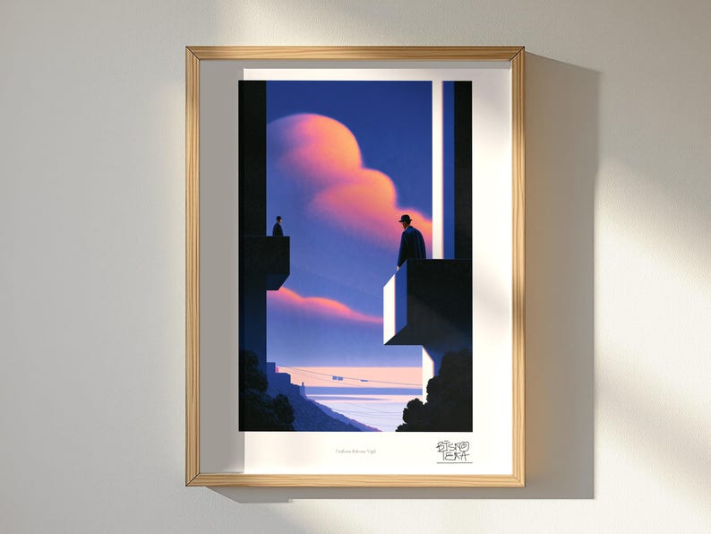 Uniform Balcony Vigil art print, framed, shown in a styled room