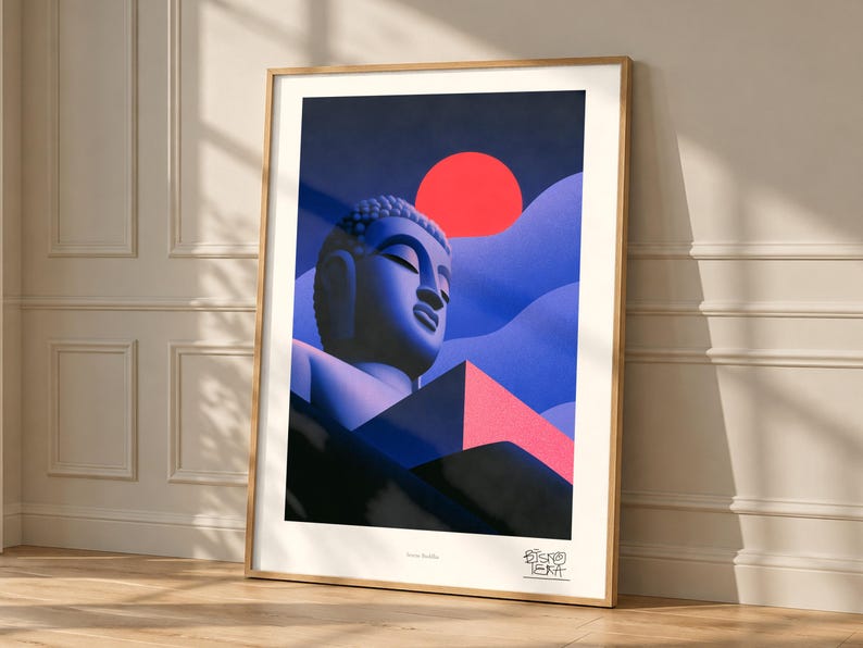 Serene Buddha art print, framed, in a second room setting