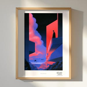 May include: A framed art print featuring a stylized illustration of a figure in a dark coat and hat standing on a balcony. The scene depicts geometric buildings in shades of blue and vibrant red, with pink clouds against a dark sky.
