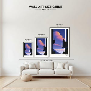 Size guide: 30×45, 40×60 and 60×90 cm to scale above a sofa