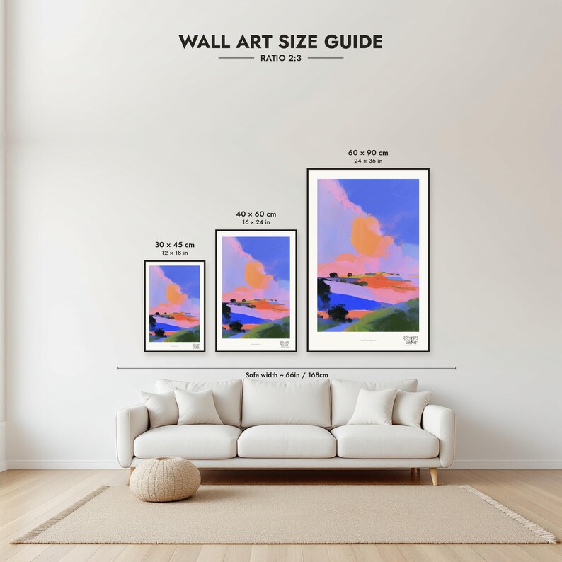 Size guide: 30×45, 40×60 and 60×90 cm to scale above a sofa