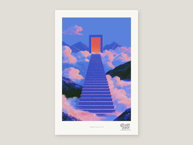 Staircase Wall Art Print, Surreal Doorway Portal to the Clouds, Cinematic Decor image 6