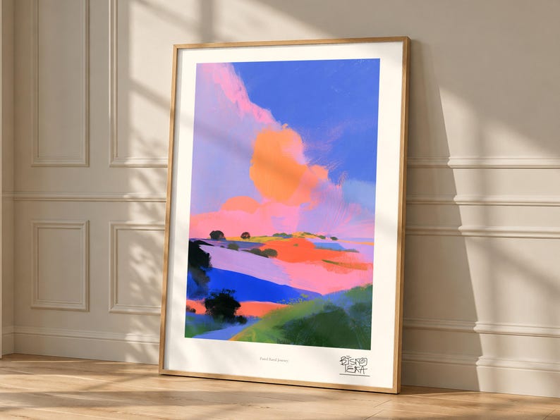 Pastel Rural Journey art print, framed, in a second room setting
