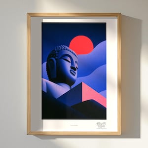 Serene Buddha art print, framed, shown in a styled room