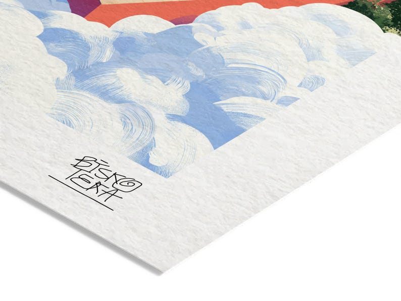 Close-up of the printed signature on the fine-art giclée paper of the Skyward Water Oasis print