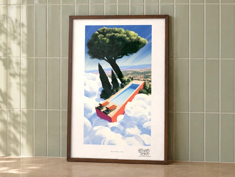 Skyward Water Oasis art print on a wall, room view