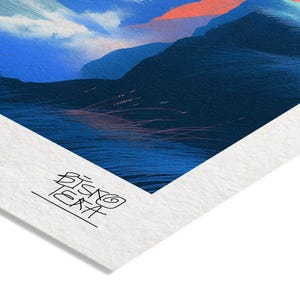 Close-up of the printed signature on the fine-art giclée paper of the Azure Cliff Horizon print