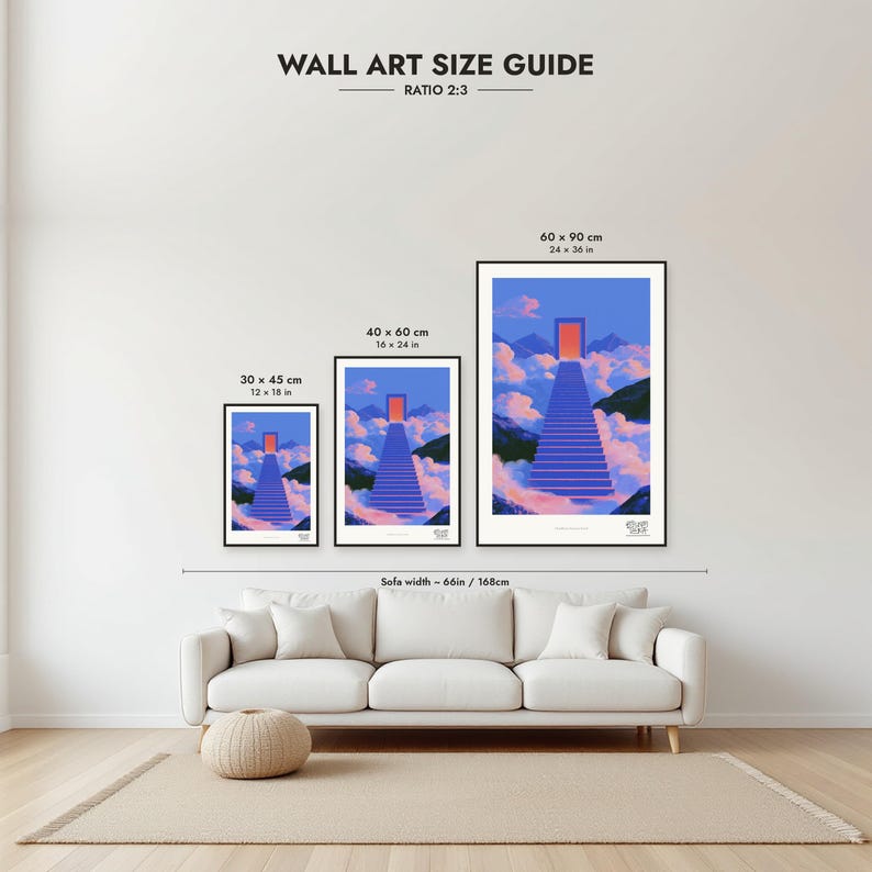 Size guide: 30×45, 40×60 and 60×90 cm to scale above a sofa