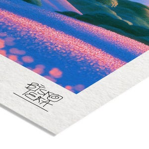 Close-up of the printed signature on the fine-art giclée paper of the Snowy Sunrise Landscape print