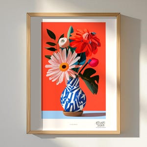 Crimson Flower Vase Wall Art Print, Monstera Leaf Pop Art Still Life, Dahlia Bouquet