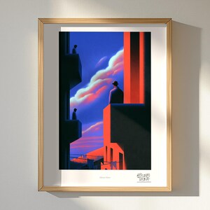 Balcony Echoes art print, framed, shown in a styled room