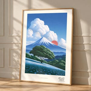 Mountain Sun Meadow art print, framed, shown in a styled room