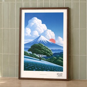 Mountain Sun Meadow art print on a wall, room view