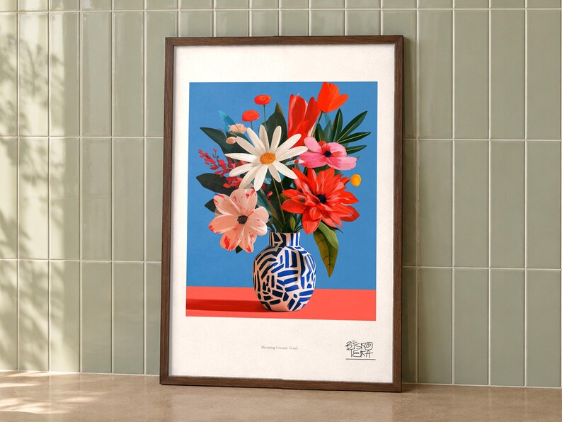Blooming Ceramic Vessel art print on a wall, room view