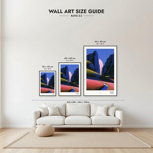 Size guide: 30×45, 40×60 and 60×90 cm to scale above a sofa