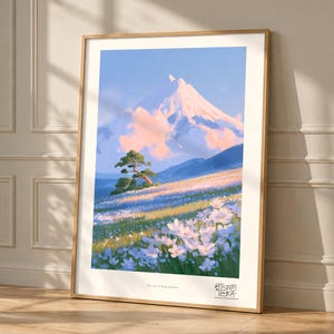 Windswept Pine Over Volcanic Meadow Art Print, Pastel Wildflower Landscape (Giclée)