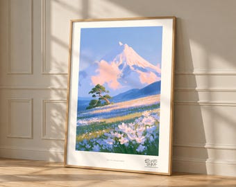 Windswept Pine Over Volcanic Meadow Art Print, Pastel Wildflower Landscape (Giclée)