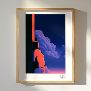 Silent Balcony Parade art print on oak frame wall, vermillion bowler hat men wall art