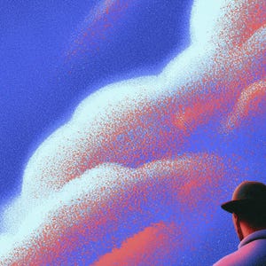 Bowler Hat Men Art Print, Balcony Echoes Surreal Crimson Dusk, Living Room Wall Art imagen 4