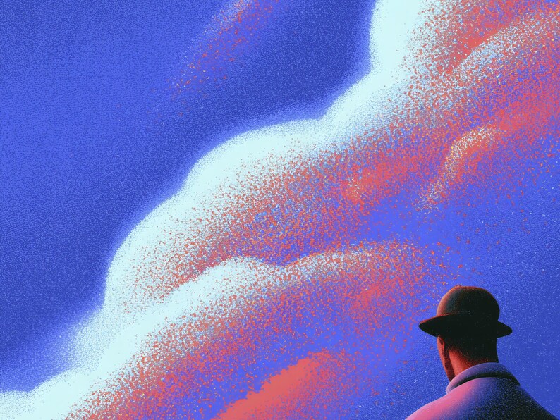 Bowler Hat Men Art Print, Balcony Echoes Surreal Crimson Dusk, Living Room Wall Art imagen 4