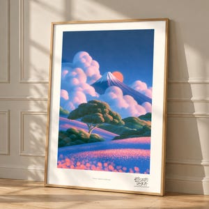 Snowy Sunrise Landscape art print, framed, shown in a styled room