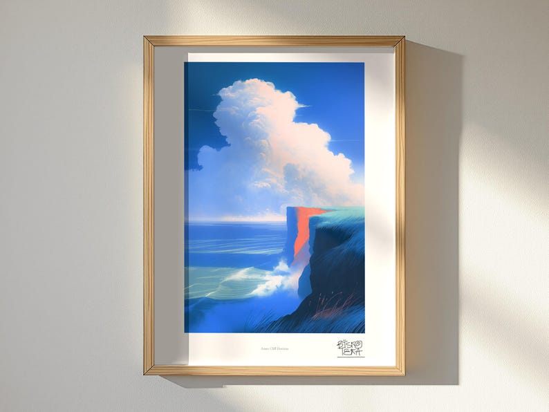 Azure Cliff Horizon art print, framed, shown in a styled room
