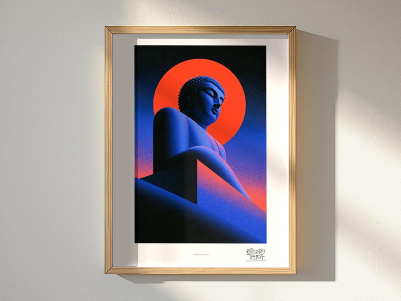 Golden Serenity art print, framed, shown in a styled room