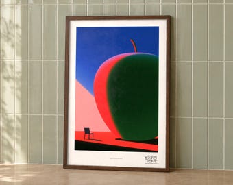 Lámina artística de manzana, manzana verde gigante, interior minimalista surrealista, decoración moderna.