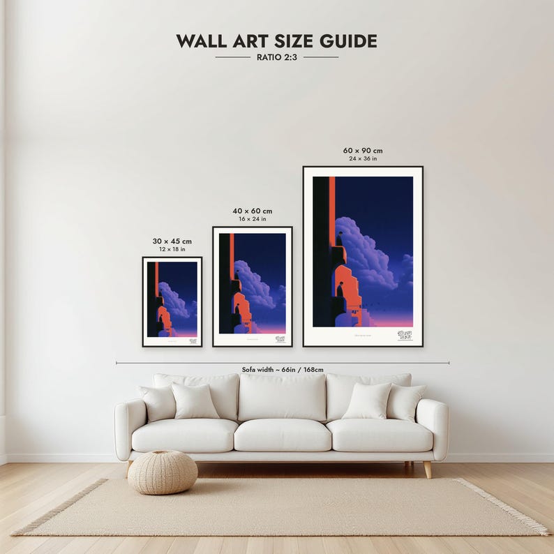 Size guide: 30×45, 40×60 and 60×90 cm to scale above a sofa