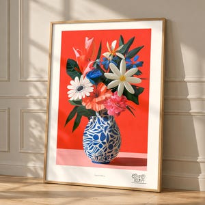 Scarlet Red Flower Vase Print, Bold Pop Art Still Life, Blue Geometric Vase (Giclée)