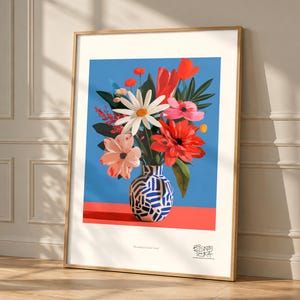 Blooming Ceramic Vessel art print, framed, shown in a styled room
