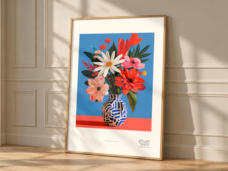 Blooming Ceramic Vessel art print, framed, shown in a styled room