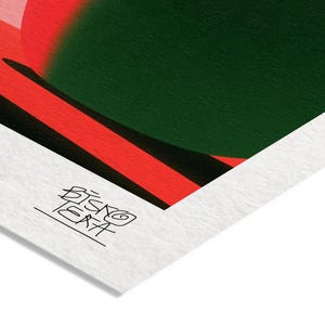 Close-up of the printed signature on the fine-art giclée paper of the Apple Room Surreal print