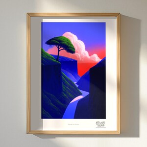 May include: A framed art print featuring a vibrant landscape with deep blue cliffs, a winding river, and a single green tree atop a ridge. The sky transitions from bright red to purple, with large white clouds. The print includes text at the bottom.