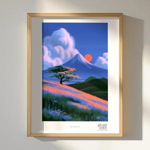 Japanse posterprint, schilderachtige afbeelding van de berg Fuji met bloesem, bomen en een blauwe lucht.