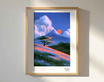 Póster japonés, pradera con árboles en flor del monte Fuji pintada al estilo pictórico, decoración de cielo azul