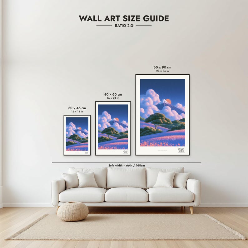 Size guide: 30×45, 40×60 and 60×90 cm to scale above a sofa