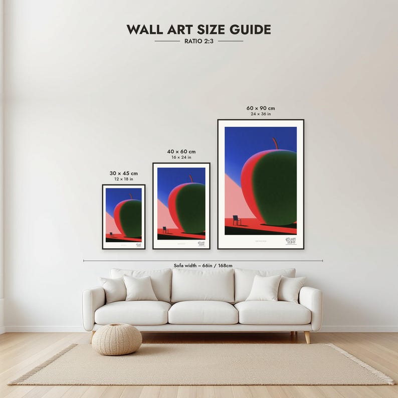 Size guide: 30×45, 40×60 and 60×90 cm to scale above a sofa