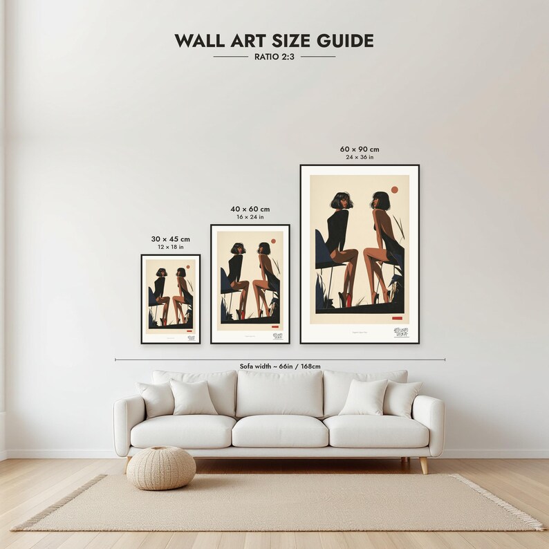 Size guide: 30×45, 40×60 and 60×90 cm to scale above a sofa