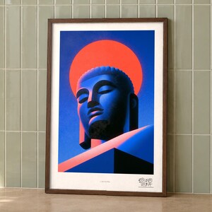 Calm Buddha art print on a wall, room view
