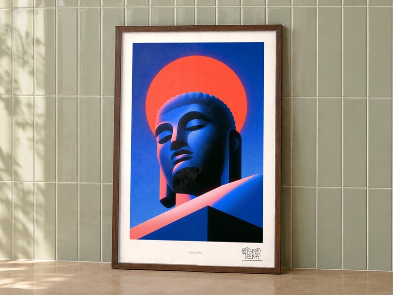 Calm Buddha art print on a wall, room view